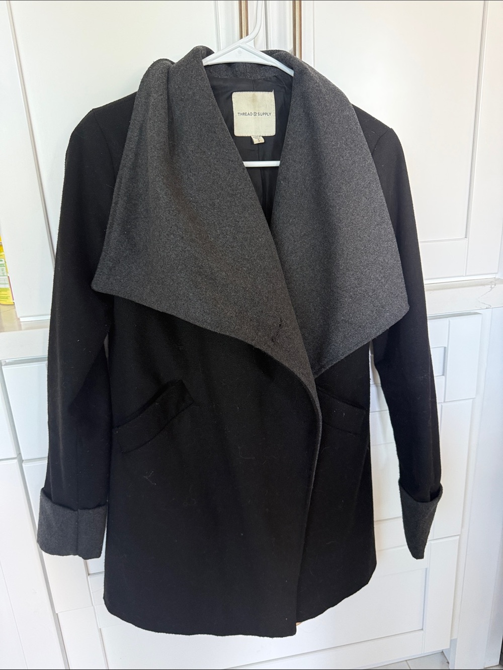 Thread & Supply Black Coat with Gray Contrast Shawl Collar small